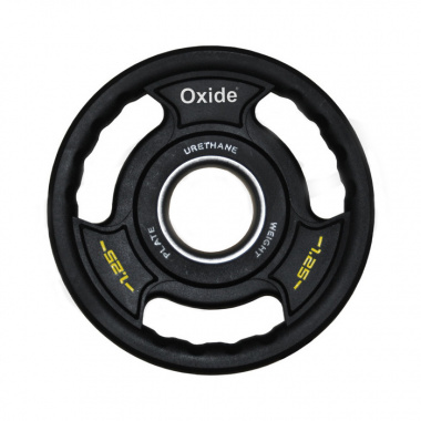 Черный с желтыми вставками полиуретановый олимпийский диск Oxide Fitness OWP02, 1,25 кг